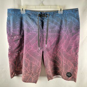 Rip Curl Swim Trunks Shorts Mens Sz 38 Floral Leaves Blue Pink Polyester A05-17